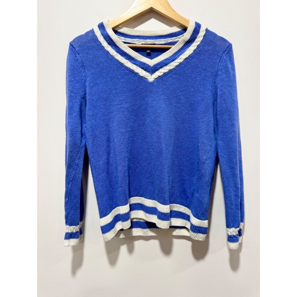 Talbots Sweaters - Talbots Womens Blue White Linen V-Neck Cable Trim Striped Knit Sweater Size M